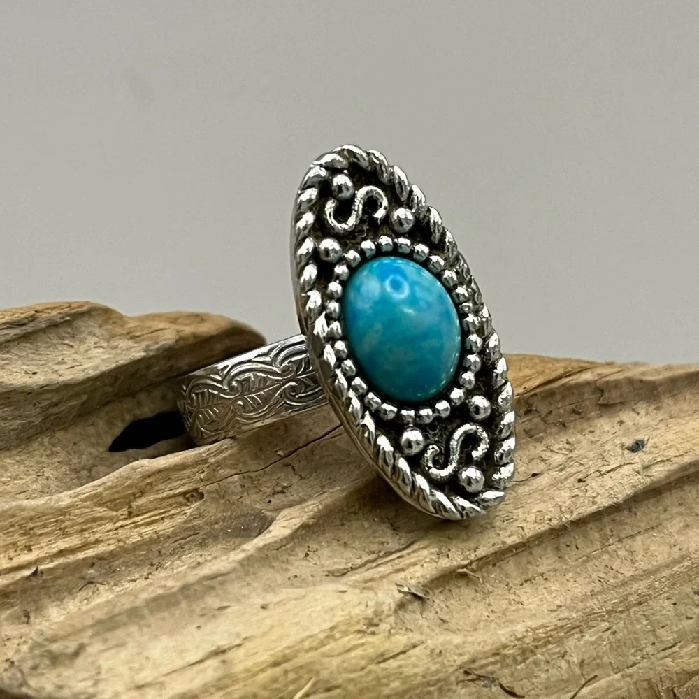 Silver and Blue Turquoise Scrollwork Ring